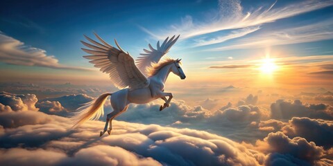 Obraz premium Mysterious journey to the sky on the back of a majestic Pegasus, fantasy, mystical, journey, adventure, flying, wings