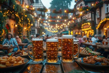 Fototapeta premium Mugs of beer on the table at the Christmas market in Germany