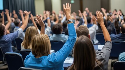 Backside perspective of attendees raising hands at a conference