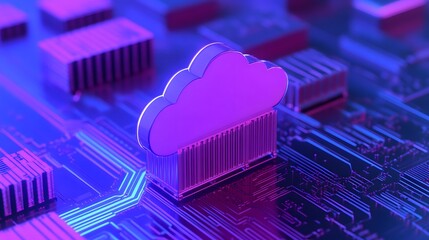 Futuristic concept with a 3D cloud icon on a computer motherboard, symbolizing cloud computing and technology integration.