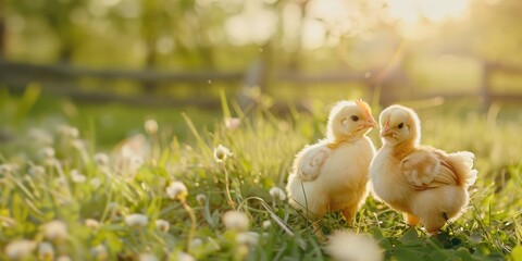 Dwarf chickens posing outside on grass in the warm spring sunlight