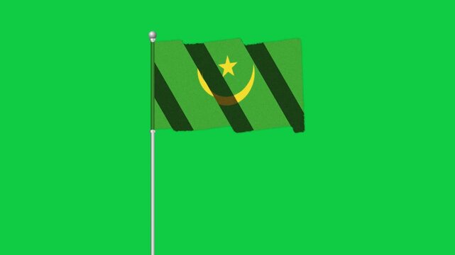 4K MAURITANIA  flag old animation with pole waving on chroma key green screen