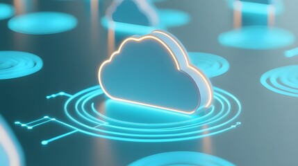 Futuristic digital cloud computing concept with neon lights and holographic display, showcasing data storage and technology innovation.