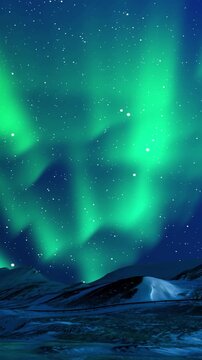 Aurora Borealis or Northern Lights, mountain scenery landscape at night. Great for Relaxing Ambient backgrounds. Polar lights, winterscape concept. Vertical, phone wallpaper