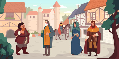 A medieval scene featuring various characters on a European street. A woman and a man walking,  fat man with a goblet and an elderly man talking. A horseman is In the background.