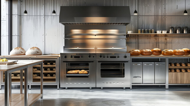 a professional bakery kitchen with stainless steel countertops, industrial ovens, and baking tools neatly organized.