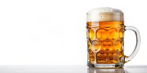 Bavarian beer stein with light beer, reflecting tradition and taste at Oktoberfest, on a white background, Bierkrug, Bavarian