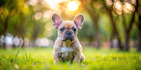 Fototapeta premium French bulldog puppy playing in the park, french bulldog, puppy, dog, park, playing, cute, adorable, pet, animal, outdoor, young