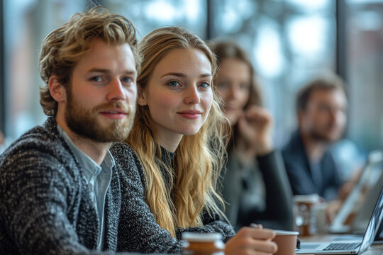 A group of workers in an open office space, discussing project details with laptops and reports on the table