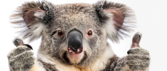 Naklejka premium Cheerful koala, thumbs up gesture, portrait, soft lighting, clear background, cute and detailed fur