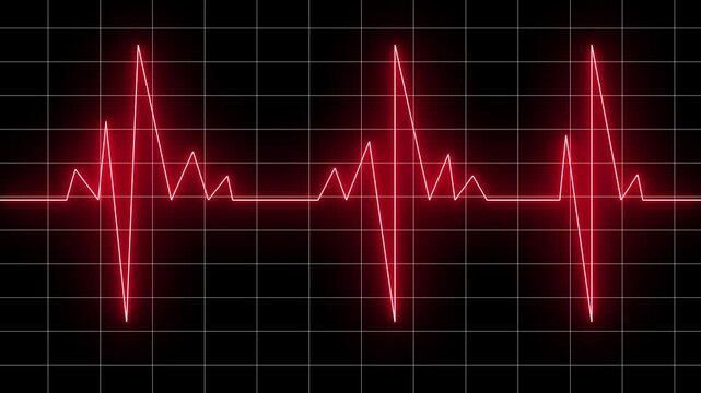Glowing red neon heartbeat pulse rate line. Health and medical concept. EKG pulse wave. Black background with a grid
