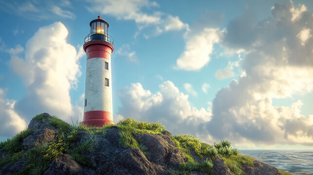This image presents a lighthouse situated on a grassy cliff, under a partly cloudy sky, capturing the beauty of nature and the steadfastness of the lighthouse structure.