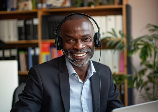 Portrait of an African American older gray-haired man wearing a headset, sitting in an office facing the camera, smiling and working.