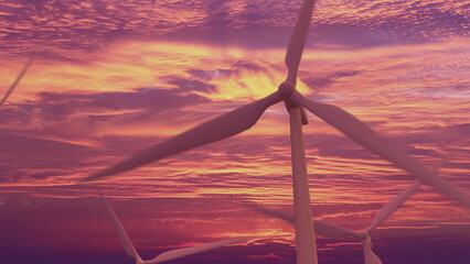 ecologic wind turbine generator on sunrise sky bg, fictitious - industrial 3D rendering