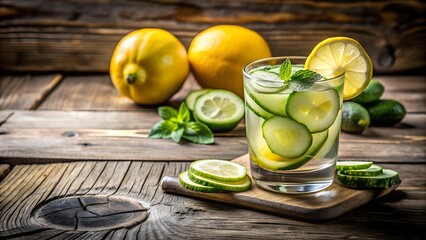 Fototapeta premium A Sparkling Refreshment: Cucumber and Lemon Drink in a Glass on a Rustic Wooden Table AI generated