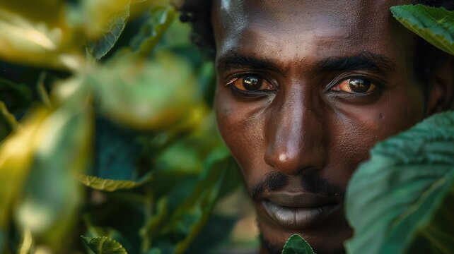 Close-up portrait of a young Oromo male farmer with an intense expression, surrounded by green corn leaves in a field.