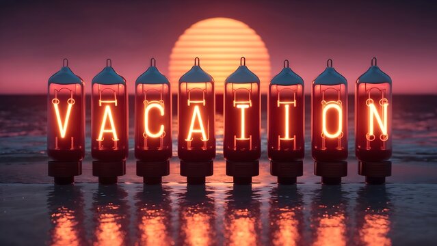 A vibrant 'vacation' message in Nixie tubes against the twilight sky on a beach at sunset.