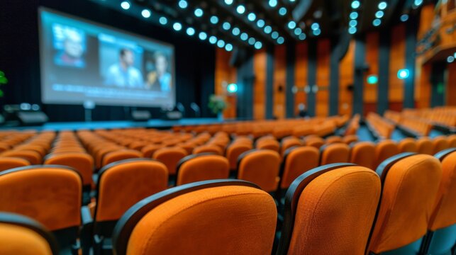 Empty auditorium with rows orange seats facing a large screen, stage is set for conference or presentation, clean modern setting is ready for event, reflecting anticipation and readiness.
