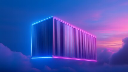 Obraz premium Futuristic glowing neon shipping container floating in clouds against a vibrant sunset sky, blending industrial and dreamlike elements.