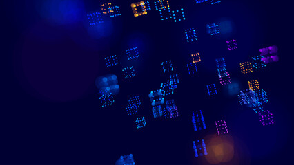 Big Data 3D Digital Cubes Quantum Computer Server Concept Background. 3D Blockchain Cube Blocks Concept. Data Core Abstract Cubes. Artificial Intelligence HUD Design Element. Vector Illustration.