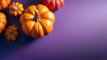 Background with colorful pumpkins on a purple background with copy space.