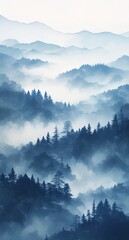 Obraz premium Misty Mountain Landscape with Pine Trees in Soft Blue and Grey Tones
