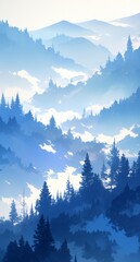 Serene Watercolor Landscape of Misty Mountains and Evergreen Forests with Soft Blue Tones