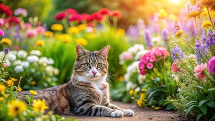 Cat lounging in a beautiful garden surrounded by flowers and plants, cat, garden, flowers, plants, nature, outdoor, animal