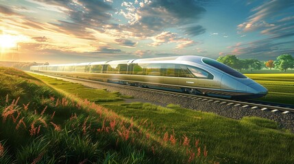 Obraz premium Driverless high-speed trains traverse beautiful countryside. The speed and sustainability of future train travel