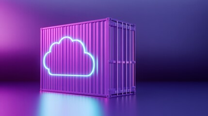 Obraz premium Futuristic shipping container with neon cloud symbol, representing cloud storage and computing technology, in a vibrant purple setting.