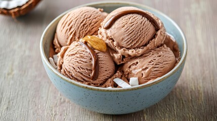 Bowl of creamy dairy-free chocolate ice cream with a drizzle of almond butter and coconut flakes