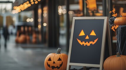 Business storefront decorated for Halloween, featuring promotional signage and spooky props