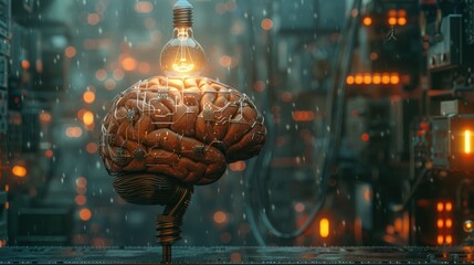 Digital brain with interconnected circuits, glowing light bulb, human intellect, technology, modern backdrop.