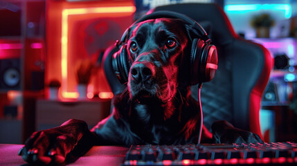 A black Labrador dog wearing headphones sits at a desk, its paw resting on a keyboard as it intently gazes at a screen
