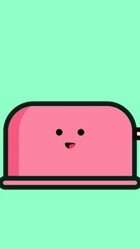 Angry and happy bread toaster cartoon character. Fun breakfast for babies and children. Angry, swollen and flushed face while heating the toast. Vertical animation of drawing painted in pastel colors.