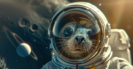 An animal in an astronauts in outer space suit looks at the camera against the backdrop of the planet, poster