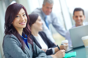 Business, woman and smile at boardroom on portrait with confidence for company growth as accountant. Female person, happy and proud as entrepreneur in meeting for strategy, planning and project