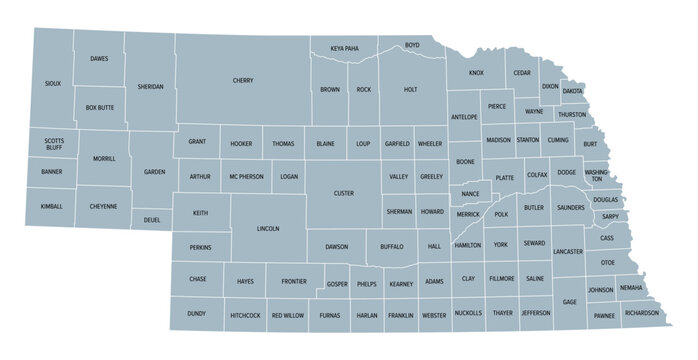 Nebraska, U.S. state, subdivided into 93 counties, gray political map with borders and county names. Triply landlocked state in the Midwestern region of United States, nicknamed The Cornhusker State.
