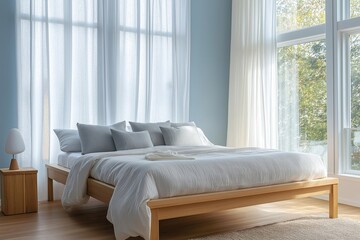 A bedroom with a white bed and white curtains. Interior designs