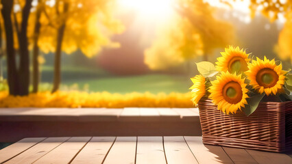 Sunflowers in a basket on a table with a warm, autumn background