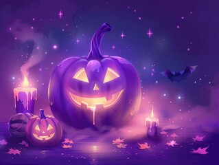 Fototapeta premium A spooky Halloween setting with a lit pumpkin and candles, perfect for autumn-themed designs or scary story illustrations