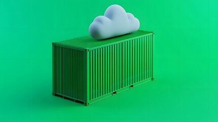 Green shipping container with a white cloud on top, against a monochromatic green background. Concept of cloud storage and modern technology.