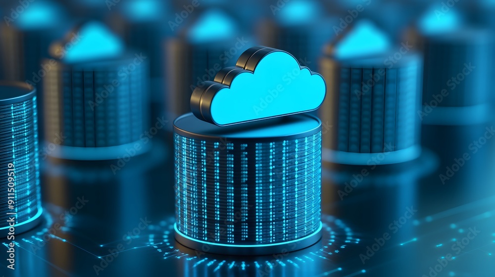 Poster illustration of cloud computing and data storage concept showing servers and cloud icons in a futuri