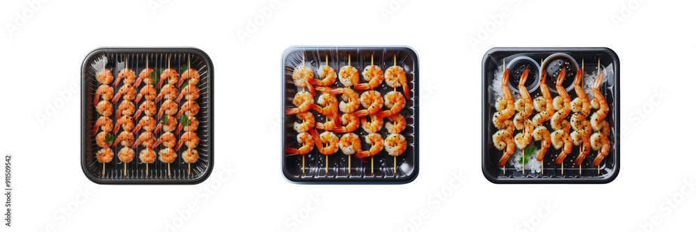 Wall mural Set of pack of Grilled shrimp skewers in transparent Packaging, isolated over on transparent white background