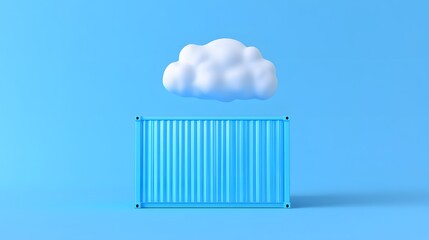 Minimalist 3D rendering of a cloud floating above a shipping container on a blue background, symbolizing cloud computing and logistics.