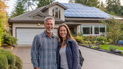Happy father and daughter standing in the driveway of their house smiling, solar panels on roof, sunny weather