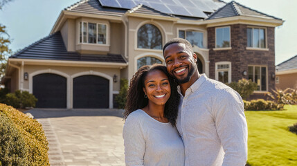 Happy black couple standing in the driveway of their house smiling, solar panels on roof, sunny weather