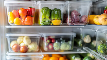 Organized refrigerator shelves stocked with fresh produce in clear containers help keep food fresh and promote healthy eating in a modern kitchen.