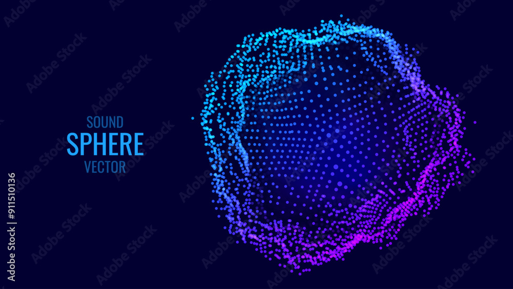 Poster Abstract Deformed 3D Sphere. Bright Glowing Radial or Circular Digital Equalizer. 3D Illuminated Distorted Sphere of Glowing Particles and Lines. Visualization of Voice, Music Playback. Vector.