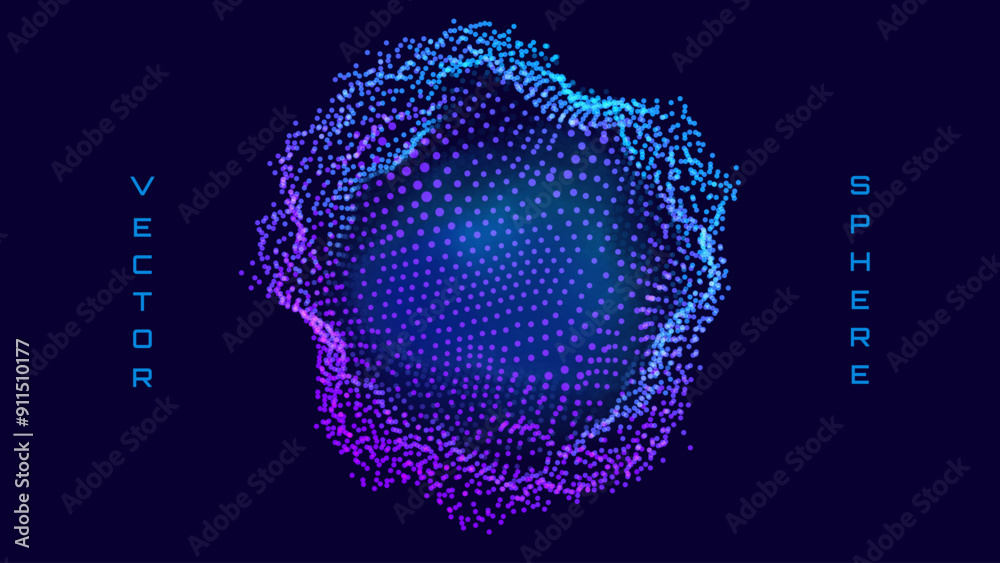 Fototapete Abstract Deformed 3D Sphere. Bright Glowing Radial or Circular Digital Equalizer. 3D Illuminated Distorted Sphere of Glowing Particles and Lines. Visualization of Voice, Music Playback. Vector.